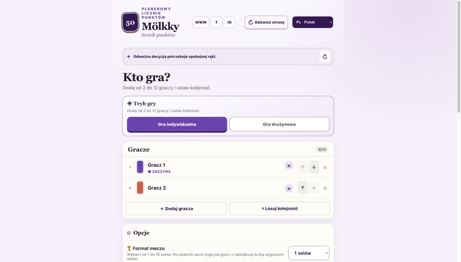 Widok aplikacji Mölkky Air: licznik punktów