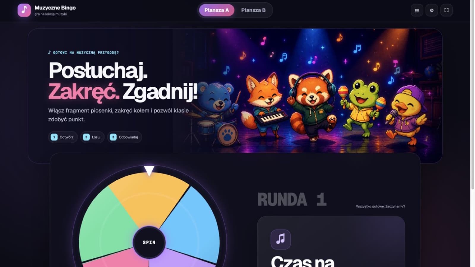 Widok aplikacji Muzyczne Bingo