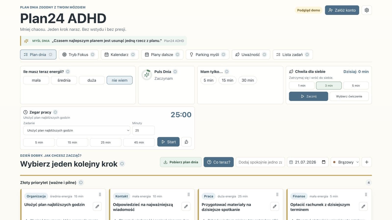 Widok aplikacji Plan24 ADHD