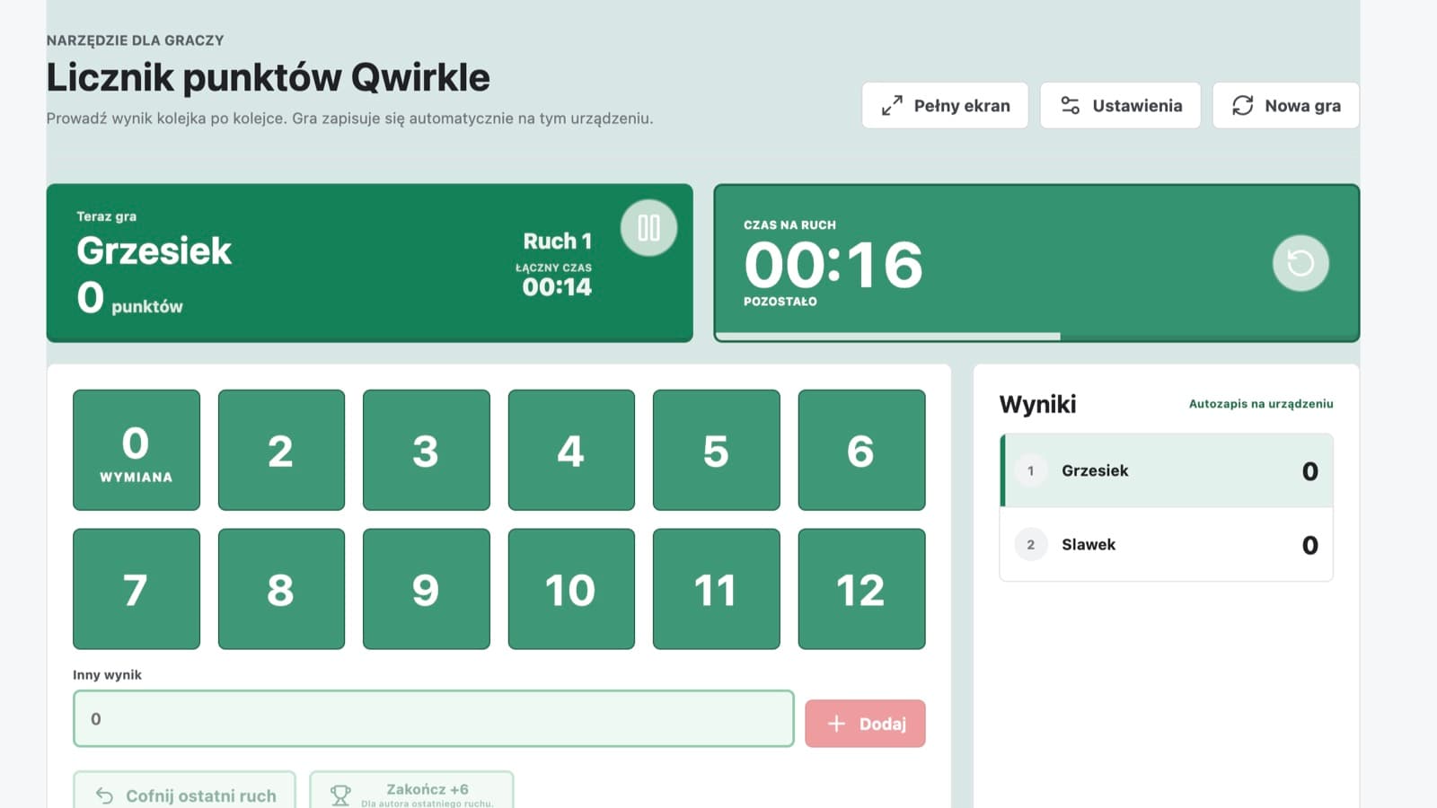 Widok aplikacji Licznik punktów Qwirkle