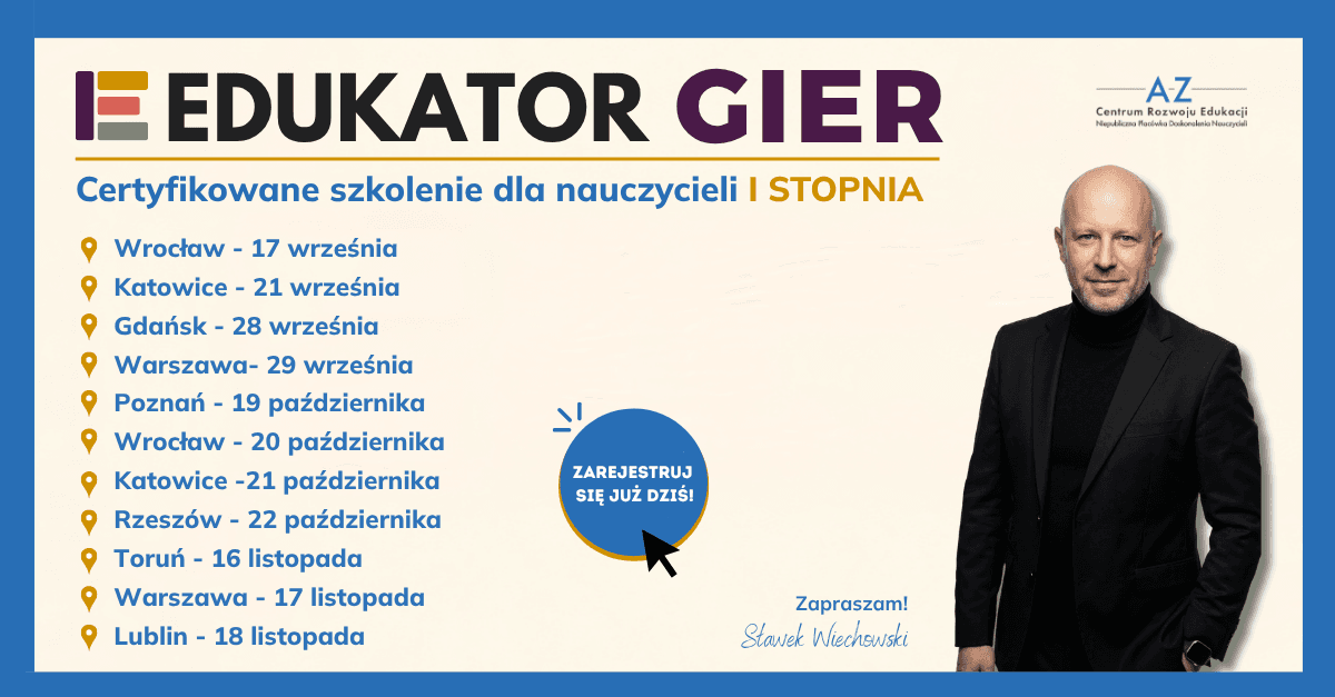 Plakat szkolenia: Edukator Gier – certyfikowane szkolenie I stopnia