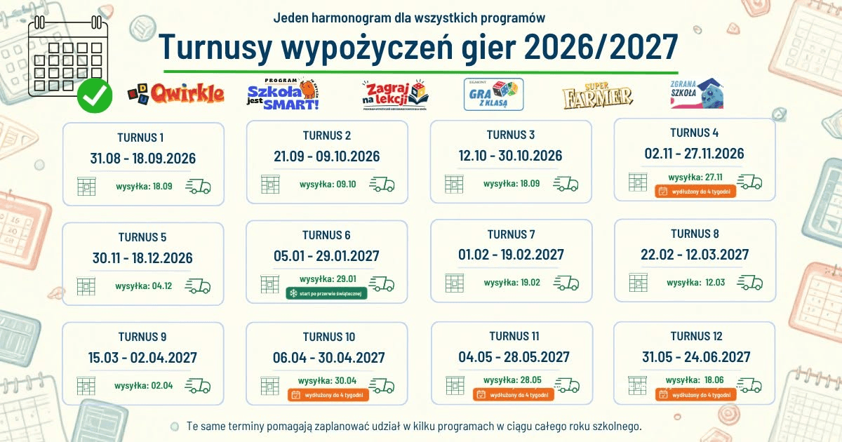Kalendarz 12 turnusów wypożyczeń gier dla szkół od 31 sierpnia 2026 do 24 czerwca 2027